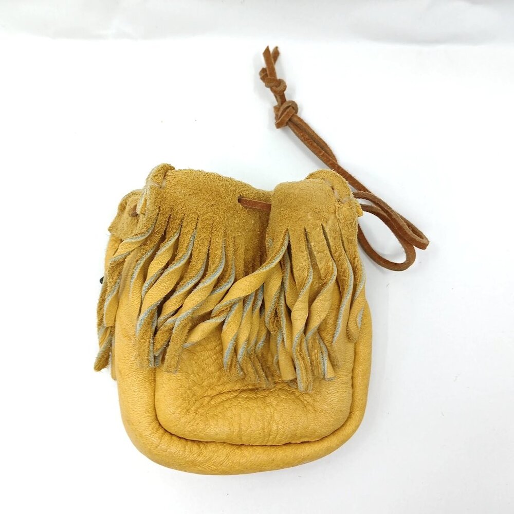 Tan leather pouch with copper beads and feathers - Picture 2 of 5